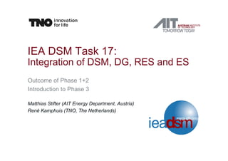 IEA DSM Task 17:
Integration of DSM, DG, RES and ES
Outcome of Phase 1+2
Introduction to Phase 3
Matthias Stifter (AIT Energy Department, Austria)
René Kamphuis (TNO, The Netherlands)
 