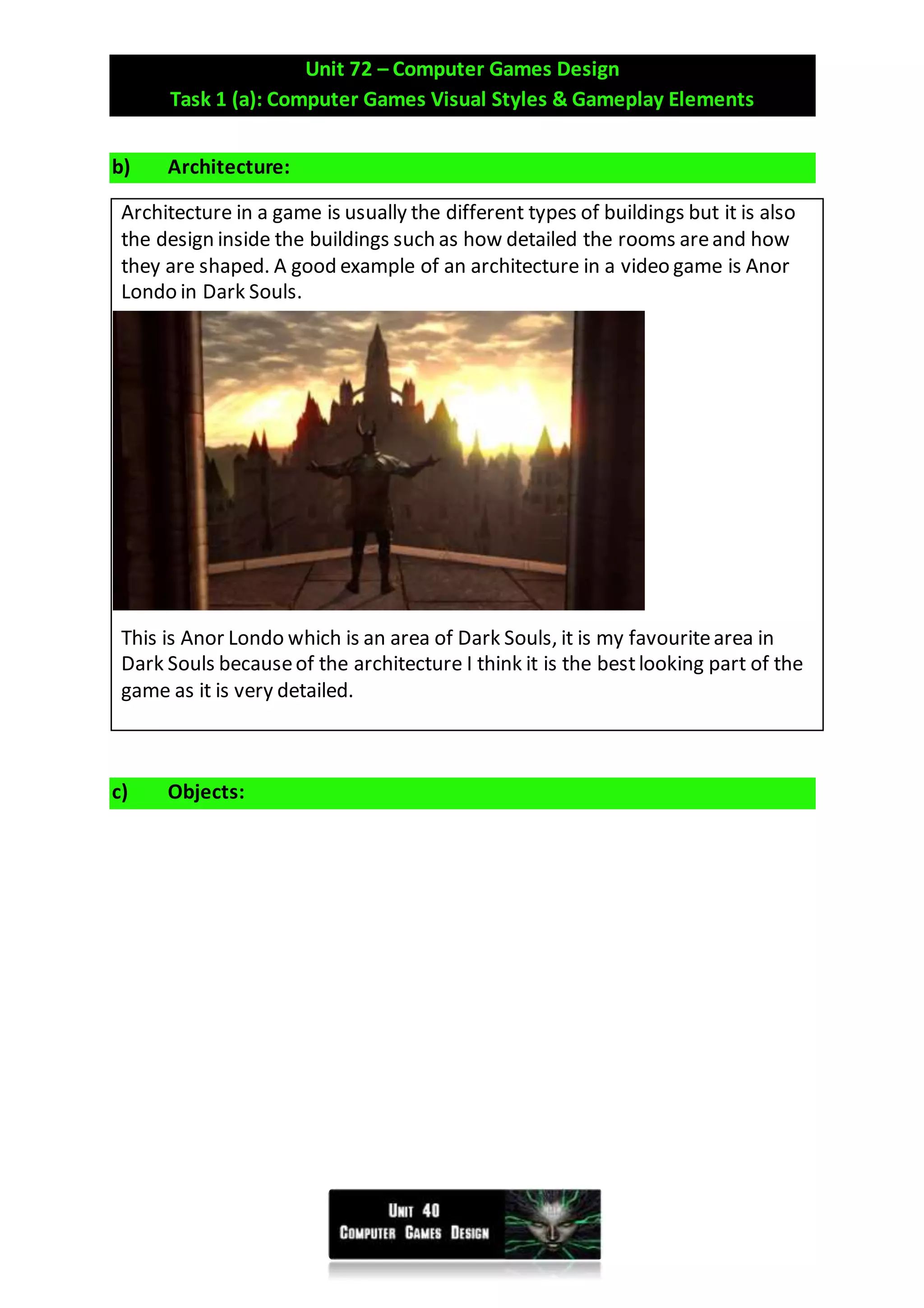 Task 1a unit 72 computer games - visual style gameplay elements (p1) | PDF