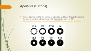 Aperture (f. stops)
 This is a opening hole for the camera to let in light and travel through the camera.
The sizes of aperture settings come in Fs, these can be e.g. f4 or f16.
(http://pixelarge.com/wp-content/uploads/2014/09/lens-aperture-f-stop.jpg)
 