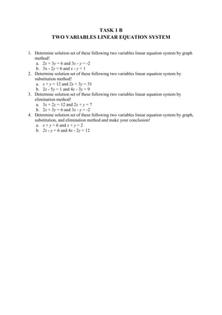 TASK 1 B
TWO VARIABLES LINEAR EQUATION SYSTEM
1. Determine solution set of these following two variables linear equation system by graph
method!
a. 2x + 3y = 6 and 3x - y = -2
b. 3x - 2y = 6 and x - y = 1
2. Determine solution set of these following two variables linear equation system by
substitution method!
a. x + y = 12 and 2x + 3y = 31
b. 2x - 5y = 1 and 4x - 3y = 9
3. Determine solution set of these following two variables linear equation system by
elimination method!
a. 3x + 2y = 12 and 2x + y = 7
b. 2x + 3y = 6 and 3x - y = -2
4. Determine solution set of these following two variables linear equation system by graph,
substitution, and elimination method and make your conclusion!
a. x + y = 6 and x + y = 2
b. 2x - y = 6 and 4x - 2y = 12
 
