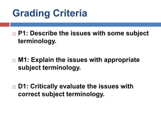 Grading CriteriaP1: Describe the issues with some subject terminology.M1: Explain the issues with appropriate subject terminology.D1: Critically evaluate the issues with correct subject terminology.