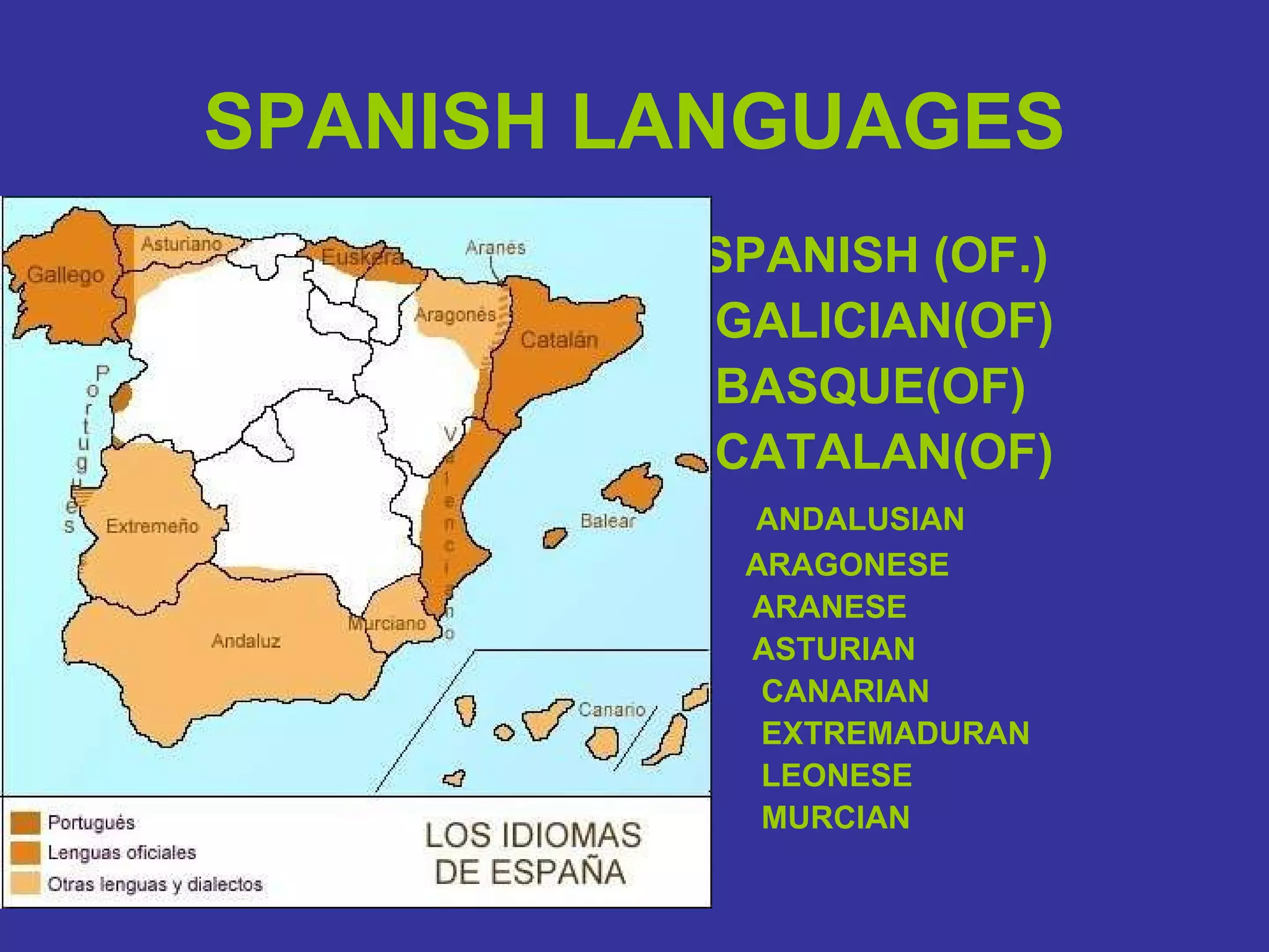 SPANISH LANGUAGES SPANISH (OF.) GALICIAN(OF) BASQUE(OF) CATALAN(OF) ANDALUSIAN ARAGONESE ARANESE ASTURIAN CANARIAN  EXTREMADURAN LEONESE MURCIAN 