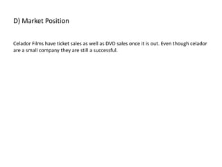 D) Market Position
Celador Films have ticket sales as well as DVD sales once it is out. Even though celador
are a small company they are still a successful.
 
