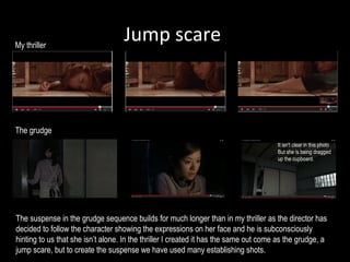 Jump scareMy thriller
The grudge
The suspense in the grudge sequence builds for much longer than in my thriller as the director has
decided to follow the character showing the expressions on her face and he is subconsciously
hinting to us that she isn’t alone. In the thriller I created it has the same out come as the grudge, a
jump scare, but to create the suspense we have used many establishing shots.
It isn't clear in this photo
But she is being dragged
up the cupboard.
 