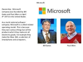 Microsoft
Ownership- Microsoft
company was founded by Bill
Gates and Paul Allen on April
4th 1975 in the United States
As a multi national software
company Microsoft is a allied related
operating model. This is because
they own various things but all the
products which they make are all
electronic goods, for example they
make the Xbox 360, a selection of
Smartphone and computers.
Bill Gates Paul Allen
 