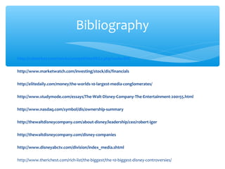 http://csimarket.com/stocks/competitionSEG2.php?code=DIS
http://www.marketwatch.com/investing/stock/dis/financials
http://elitedaily.com/money/the-worlds-10-largest-media-conglomerates/
http://www.studymode.com/essays/The-Walt-Disney-Company-The-Entertainment-200155.html
http://www.nasdaq.com/symbol/dis/ownership-summary
http://thewaltdisneycompany.com/about-disney/leadership/ceo/robert-iger
http://thewaltdisneycompany.com/disney-companies
http://www.disneyabctv.com/division/index_media.shtml
http://www.therichest.com/rich-list/the-biggest/the-10-biggest-disney-controversies/
Bibliography
 