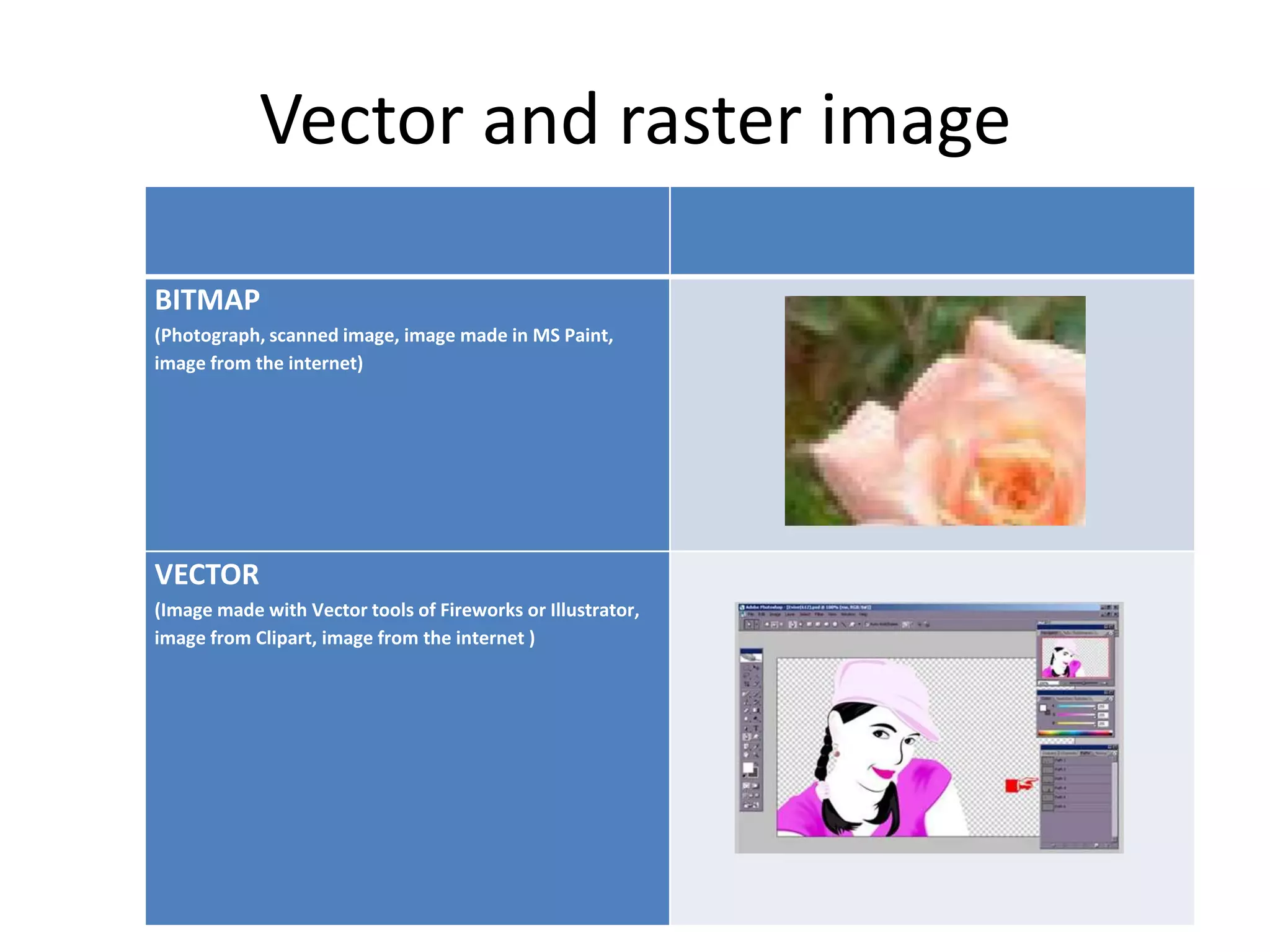 Vector and raster image
BITMAP
(Photograph, scanned image, image made in MS Paint,
image from the internet)
VECTOR
(Image made with Vector tools of Fireworks or Illustrator,
image from Clipart, image from the internet )
 