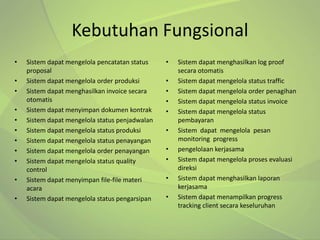 Kebutuhan Fungsional
•   Sistem dapat mengelola pencatatan status    •   Sistem dapat menghasilkan log proof
    proposal                                        secara otomatis
•   Sistem dapat mengelola order produksi       •   Sistem dapat mengelola status traffic
•   Sistem dapat menghasilkan invoice secara    •   Sistem dapat mengelola order penagihan
    otomatis                                    •   Sistem dapat mengelola status invoice
•   Sistem dapat menyimpan dokumen kontrak      •   Sistem dapat mengelola status
•   Sistem dapat mengelola status penjadwalan       pembayaran
•   Sistem dapat mengelola status produksi      •   Sistem dapat mengelola pesan
•   Sistem dapat mengelola status penayangan        monitoring progress
•   Sistem dapat mengelola order penayangan     •   pengelolaan kerjasama
•   Sistem dapat mengelola status quality       •   Sistem dapat mengelola proses evaluasi
    control                                         direksi
•   Sistem dapat menyimpan file-file materi     •   Sistem dapat menghasilkan laporan
    acara                                           kerjasama
•   Sistem dapat mengelola status pengarsipan   •   Sistem dapat menampilkan progress
                                                    tracking client secara keseluruhan
 