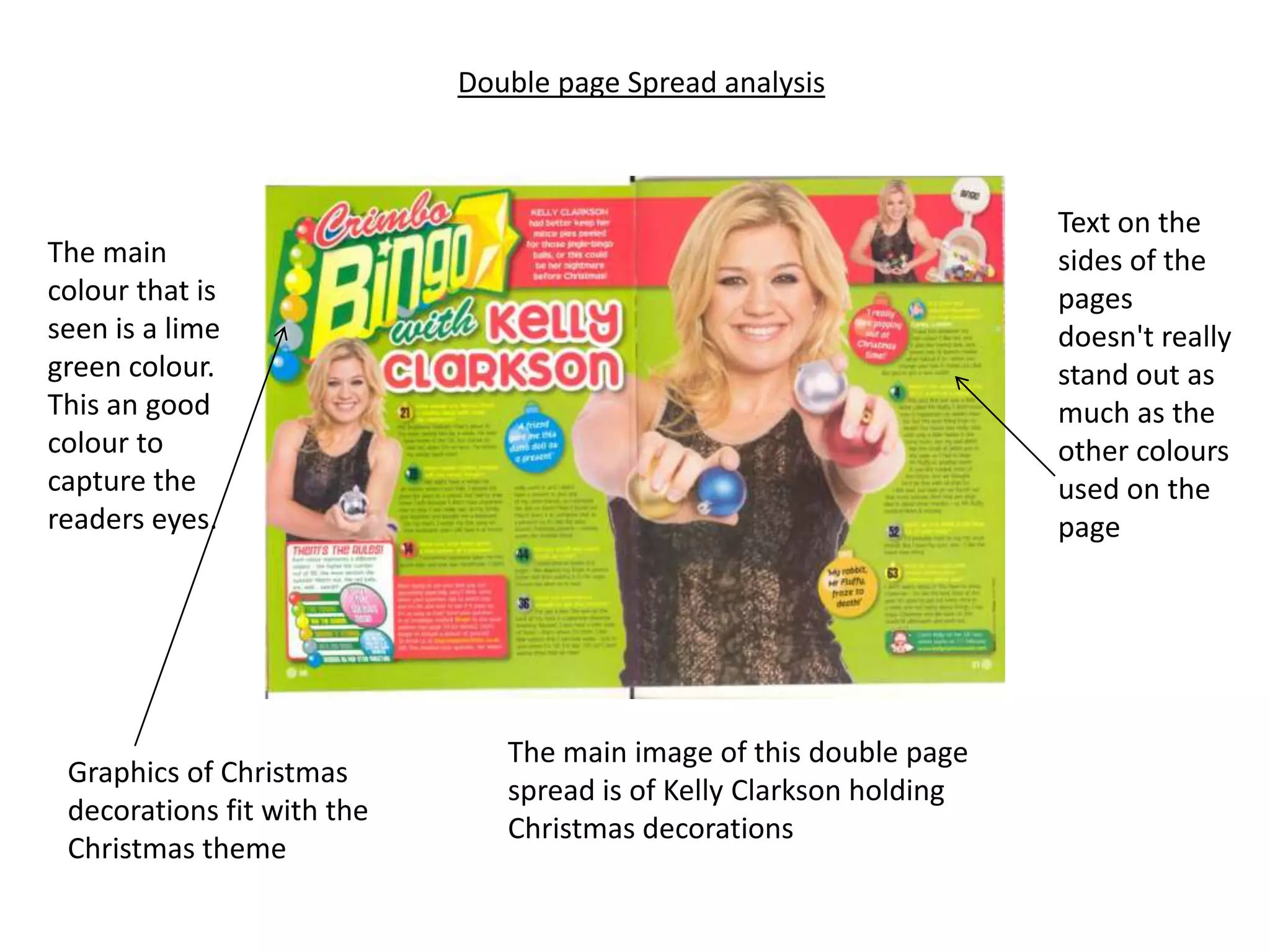 Double page Spread analysis



                                                                     Text on the
The main                                                             sides of the
colour that is                                                       pages
seen is a lime                                                       doesn't really
green colour.                                                        stand out as
This an good                                                         much as the
colour to                                                            other colours
capture the                                                          used on the
readers eyes.                                                        page




                               The main image of this double page
 Graphics of Christmas
                               spread is of Kelly Clarkson holding
 decorations fit with the
                               Christmas decorations
 Christmas theme
 
