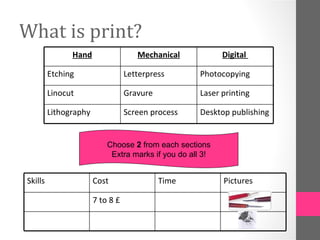 What is print?
               Hand                  Mechanical            Digital

         Etching                  Letterpress        Photocopying

         Linocut                  Gravure            Laser printing

         Lithography              Screen process     Desktop publishing


                           Choose 2 from each sections
                            Extra marks if you do all 3!


Skills                 Cost                 Time           Pictures

                       7 to 8 £
 