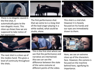 There is no diegetic sound in 
the first shot, it 
automatically goes to the 
non-diegetic music. This 
close up shows how we are 
supposed to take notice of 
her expression. 
The first performance shot 
that we come to is a long shot 
of the lead singer playing in a 
white walled, what could be 
studio, alone. 
This shot is a mid shot. 
However it is heavily 
focused on his hands and 
our eyes are immediately 
drawn to them. 
The next shot is a close up of 
the medics hand. This gives a 
level of continuity throughout 
the shots. 
This is the first shot where we 
see that the performance and 
narrative are intertwined. 
Also we can see the 
difference between the state 
of the same costume at 
different points of the video. 
Here, we see an extreme 
close up of the characters 
face. However, the camera is 
focused on the machine 
behind here, signifying its 
importance. 
 