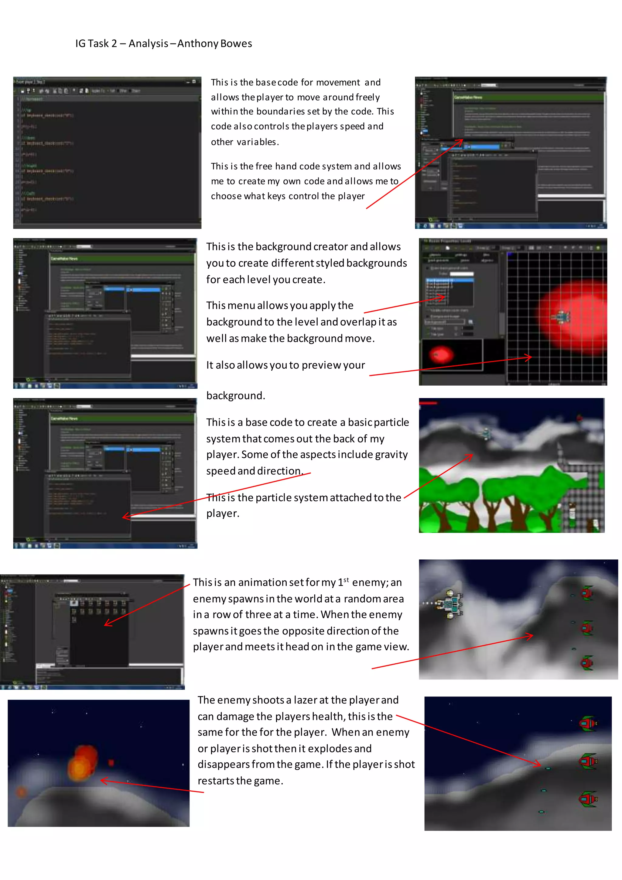 IG Task 2 – Analysis – Anthony Bowes 
This is the base code for movement and 
allows the player to move around freely 
within the boundaries set by the code. This 
code also controls the players speed and 
other variables. 
This is the free hand code system and allows 
me to create my own code and allows me to 
choose what keys control the player 
This is the background creator and allows 
you to create different styled backgrounds 
for each level you create. 
This menu allows you apply the 
background to the level and overlap it as 
well as make the background move. 
It also allows you to preview your 
background. 
This is a base code to create a basic particle 
system that comes out the back of my 
player. Some of the aspects include gravity 
speed and direction. 
This is the particle system attached to the 
player. 
This is an animation set for my 1st enemy; an 
enemy spawns in the world at a random area 
in a row of three at a time. When the enemy 
spawns it goes the opposite direction of the 
player and meets it head on in the game view. 
The enemy shoots a lazer at the player and 
can damage the players health, this is the 
same for the for the player. When an enemy 
or player is shot then it explodes and 
disappears from the game. If the player is shot 
restarts the game. 
 