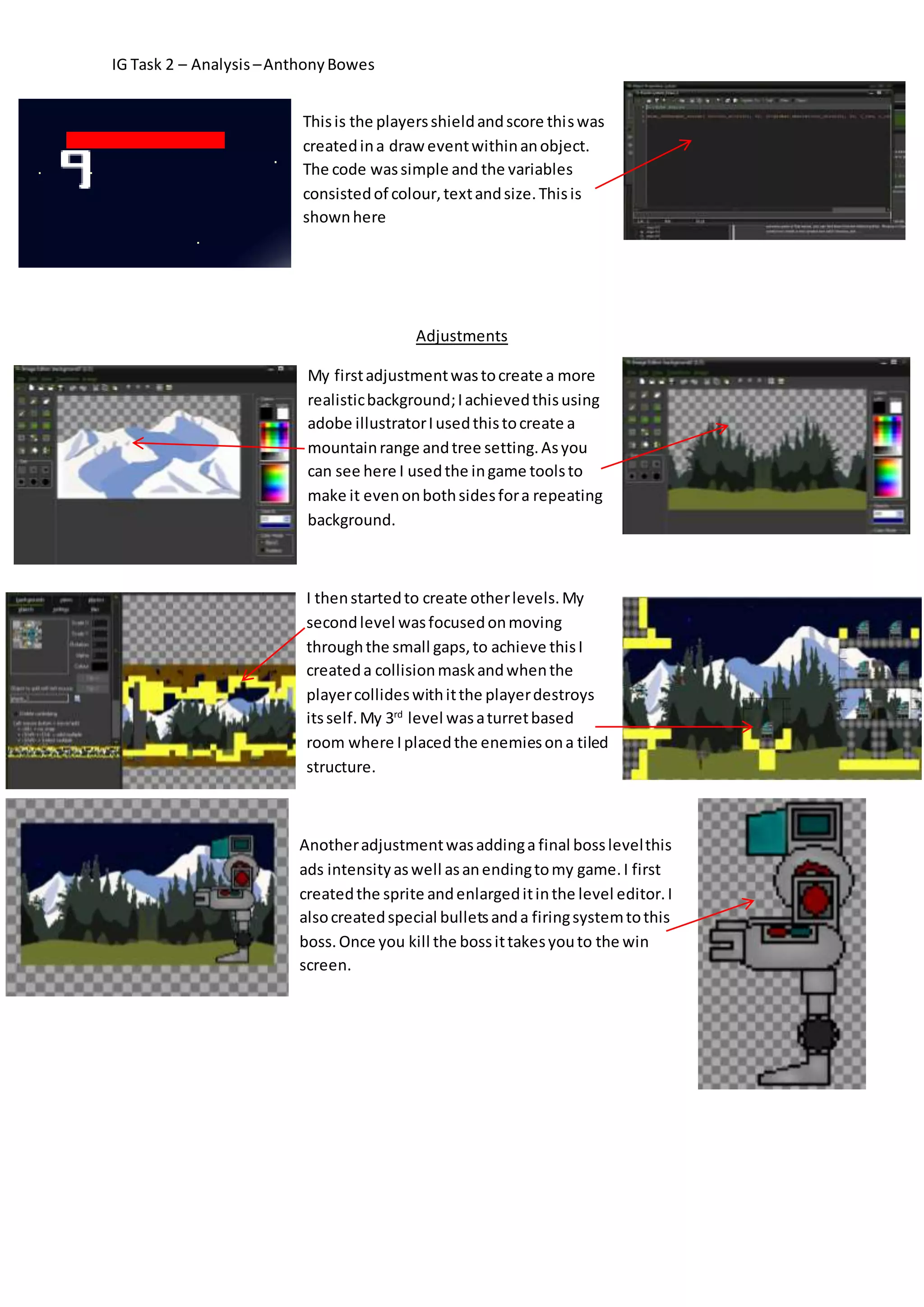 IG Task 2 – Analysis – Anthony Bowes 
This is the players shield and score this was 
created in a draw event within an object. 
The code was simple and the variables 
consisted of colour, text and size. This is 
shown here 
Adjustments 
My first adjustment was to create a more 
realistic background; I achieved this using 
adobe illustrator I used this to create a 
mountain range and tree setting. As you 
can see here I used the in game tools to 
make it even on both sides for a repeating 
background. 
I then started to create other levels. My 
second level was focused on moving 
through the small gaps, to achieve this I 
created a collision mask and when the 
player collides with it the player destroys 
its self. My 3rd level was a turret based 
room where I placed the enemies on a tiled 
structure. 
Another adjustment was adding a final boss level this 
ads intensity as well as an ending to my game. I first 
created the sprite and enlarged it in the level editor. I 
also created special bullets and a firing system to this 
boss. Once you kill the boss it takes you to the win 
screen. 
 