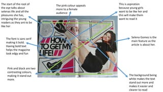 Selena Gomez is the
main feature as the
article is about her.
Pink and black are two
contrasting colours,
making it stand out
more.
The font is sans serif
making it bold.
Having bold text
helps the magazine
look edgy and fun
The pink colour appeals
more to a female
audience
This is aspiration
because young girls
want to be like her and
this will make them
want to read it
The background being
white makes the text
stand out more and
makes it easier and
clearer to read
The start of the root of
the eye talks about
selenas life and all the
pleasures she has,
intriguing the young
readers as they ant to be
like her
 