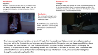 Kezia Creba
Paralysis
With this scene we made it so that we would have levels
that would show the antagonist being “higher” than the
protagonist, to show the dominance between the two
characters.
Rosamund Pike
Gone girl
Within this scene what you can tell is that the husband seems to be
in dominance as she is placed more towards the ground, just like
within our media product. This is to show the stereotypical gender
dominance that is in psychological thrillers.
From researching the representation of gender through film, I have gathered that women are generally seen as lower
then man within the film industry and on screen which is shown in the films as the men are always placed higher above
the females. But over the years it is clear that as the feminist groups are making more of a stand, it is changing the
industry as movies are now about empowering women that don’t need to be saved by a macho man. This can be seen
within the film Gone Girl as it shows the women taking revenge into her own hands, which shows her intelligence
through her actions throughout the film.
Similarities
The use of dark clothing in both
films shows the “antagonist” in a
stereotypical way.
By both films using lower levels
for the females it is showing the
stereotypical conventions of
gender.
 