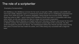 The role of a scriptwriter
Examples of screenwriters:
Ann McManus- Ann McManus is known for her work on bad girls (1999), waterloo road (2006) and
rock rivals (2008). Waterloo road is a contemporary drama series set in a challenging comprehensive
school, from 2006-2015 with 10 seasons altogether, being popular and success series. Waterloo
Road was aired on BBC 1 which means that's McManus would have been in competition with many
other writers, as she was pitching her idea to a large and successful cooperation.
Damon Beesley- Damon Beesley is a English writer and Television Producer, best known for his work
on British comedy The Inbetweeners and New Zealand comedy flight of the conchords. He often
works alongside his partner Iain Morris. The Inbetweeners follows four friends and their antics during
their years of school and was made into series, and 2 films being very successful with a large fan
base.
 
