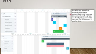 PLAN
For efficient workflow I
made a production
calendar to keep track of
my progress in work. You
can see the Milestones in
production.
 