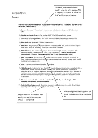 Examples of briefs:
Contract:
Clear title, lets the client know
exactly what the brief is about. This
is very important with a contractual
brief as it is enforced by law.
Very clear points so both parties can
know exactly what they are agreeing
to.
Important dates included so both
parties know what time things
should be completed.
 
