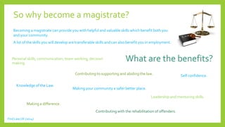 So why become a magistrate? 
Becoming a magistrate can provide you with helpful and valuable skills which benefit both you 
and your community. 
A lot of the skills you will develop are transferable skills and can also benefit you in employment. 
Personal skills, communication, team working, decision What are the benefits? 
making. 
Self confidence. 
Leadership and mentoring skills. 
Knowledge of the Law. 
Making your community a safer better place. 
Making a difference. 
Contributing to supporting and abiding the law. 
Contributing with the rehabilitation of offenders. 
Find Law UK (2014) 
 