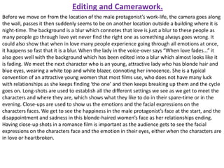 Editing and Camerawork.
Before we move on from the location of the male protagonist’s work-life, the camera goes along
the wall, passes it then suddenly seems to be on another location outside a building where it is
night-time. The background is a blur which connotes that love is just a blur to these people as
many people go through love yet never find the right one as something always goes wrong. It
could also show that when in love many people experience going through all emotions at once,
it happens so fast that it is a blur. When the lady in the voice-over says “When love fades...” it
also goes well with the background which has been edited into a blur which almost looks like it
is fading. We meet the next character who is an young, attractive lady who has blonde hair and
blue eyes, wearing a white top and white blazer, connoting her innocence. She is a typical
convention of an attractive young women that most films use, who does not have many luck
with relationships as she keeps finding ‘the one’ and then keeps breaking up them and the cycle
goes on. Long-shots are used to establish all the different settings we see as we get to meet the
characters and where they are, which shows what they like to do in their spare-time or in the
evening. Close-ups are used to show us the emotions and the facial expressions on the
characters faces. We get to see the happiness in the male protagonist’s face at the start, and the
disappointment and sadness in this blonde-haired women’s face as her relationships ending.
Having close-up shots in a romance film is important as the audience gets to see the facial
expressions on the characters face and the emotion in their eyes, either when the characters are
in love or heartbroken.

 