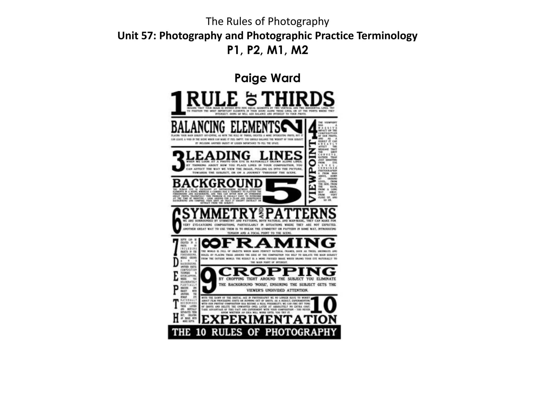 The Rules of Photography
Unit 57: Photography and Photographic Practice Terminology
P1, P2, M1, M2
Paige Ward
 