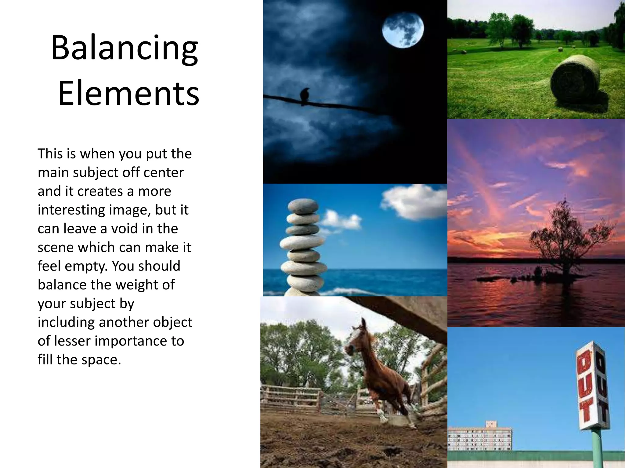 Balancing
Elements
This is when you put the
main subject off center
and it creates a more
interesting image, but it
can leave a void in the
scene which can make it
feel empty. You should
balance the weight of
your subject by
including another object
of lesser importance to
fill the space.
 