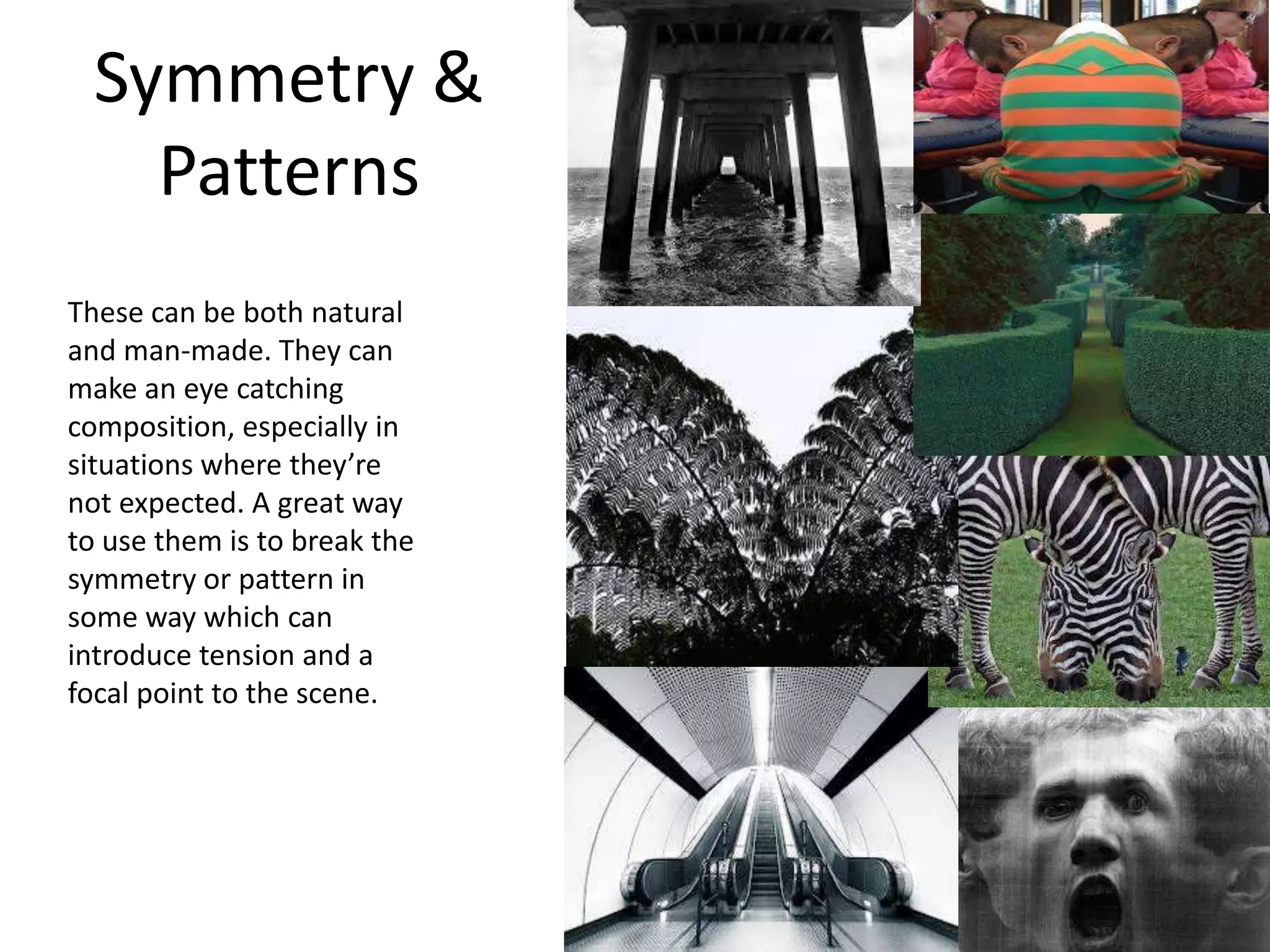 Symmetry &
Patterns
These can be both natural
and man-made. They can
make an eye catching
composition, especially in
situations where they’re
not expected. A great way
to use them is to break the
symmetry or pattern in
some way which can
introduce tension and a
focal point to the scene.
 