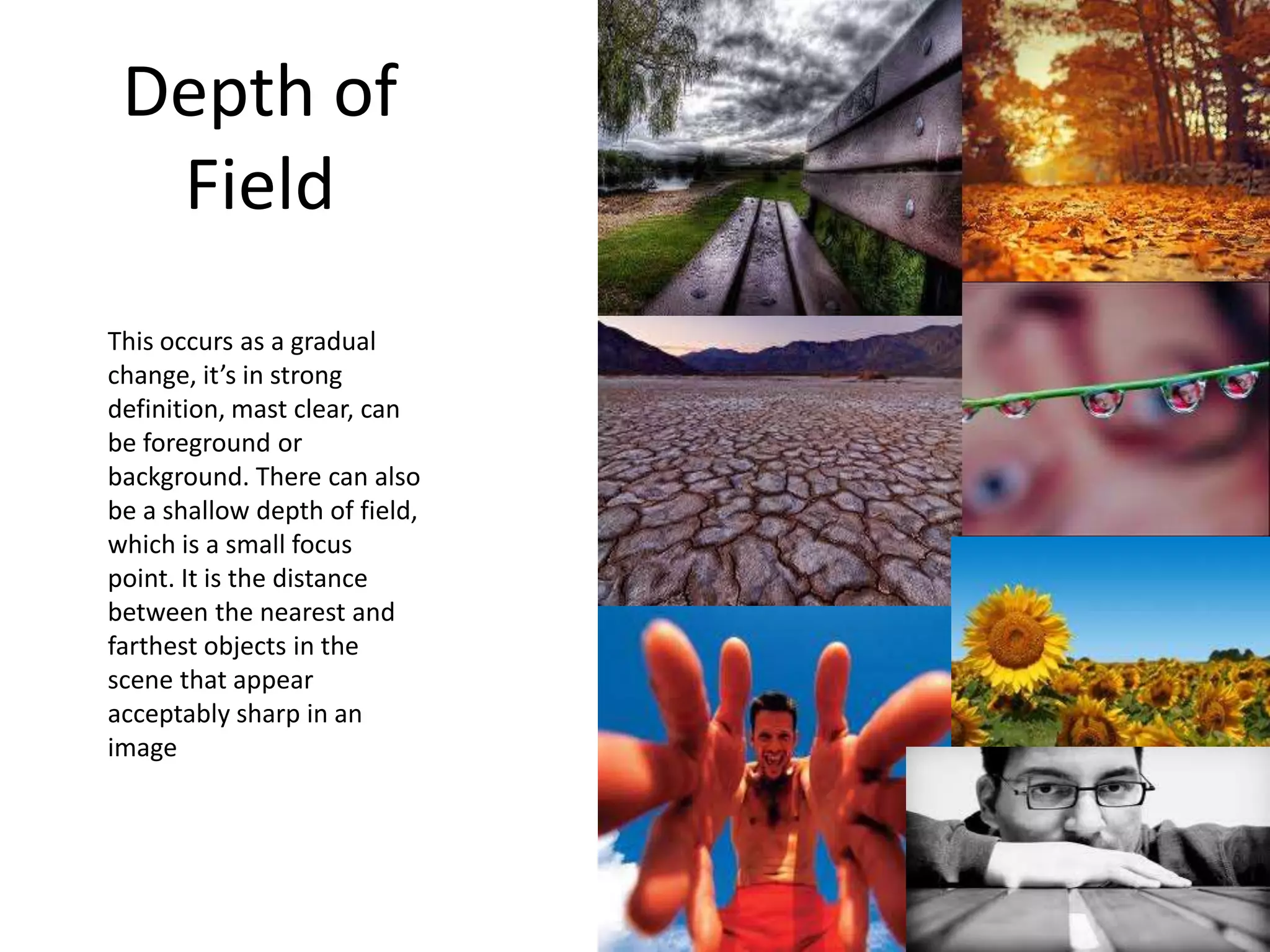 Depth of
Field
This occurs as a gradual
change, it’s in strong
definition, mast clear, can
be foreground or
background. There can also
be a shallow depth of field,
which is a small focus
point. It is the distance
between the nearest and
farthest objects in the
scene that appear
acceptably sharp in an
image
 