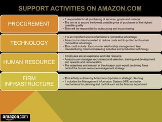 • It responsible for all purchasing of services, goods and material 
• The aim is to secure the lowest possible price of purchases of the highest 
possible quality 
• They will be responsible for outsourcing and e-purchasing 
PROCUREMENT 
• It is an important source of Amazon’s competitive advantage 
• Amazon.com has innovated to reduce costs and to protect and sustain 
competitive advantage 
• This could include the customer relationship management, lean 
manufacturing, Internet marketing activities and production technology 
TECHNOLOGY 
• Employees are an expensive and vital resource 
• Amazon.com manages recruitment and selection, training and development 
and rewards and remuneration 
• The objectives and mission of the Amazon.com would be driving force 
behind the human resource management strategy 
HUMAN RESOURCE 
• This activity is driven by Amazon’s corporate or strategic planning 
• It includes the Management Information System (MIS) and other 
mechanisms for planning and control such as the finance department 
FIRM 
INFRASTRUCTURE 
 