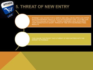INTERNET HAS SHOWN THAT A SIMPLE IDEA WELL DEVELOPED CAN OFFER 
AN EXTRAORDINARY RESULTS, SUCH AS FACEBOOK.COM, YOUTUBE.COM, 
TWITTER.COM AND SO FOURTH, THESE COMPANIES HAVE DEVELOPED 
THEIR WEBSITES IN A SHORT PERIOD OF TIME WITH INCREDIBLE FINAL 
RESULTS 
THIS CAN BE THE PROOF THAT A THREAT OF NEW ENTRIES INTO THE 
MARKET IS POSSIBLE 
 