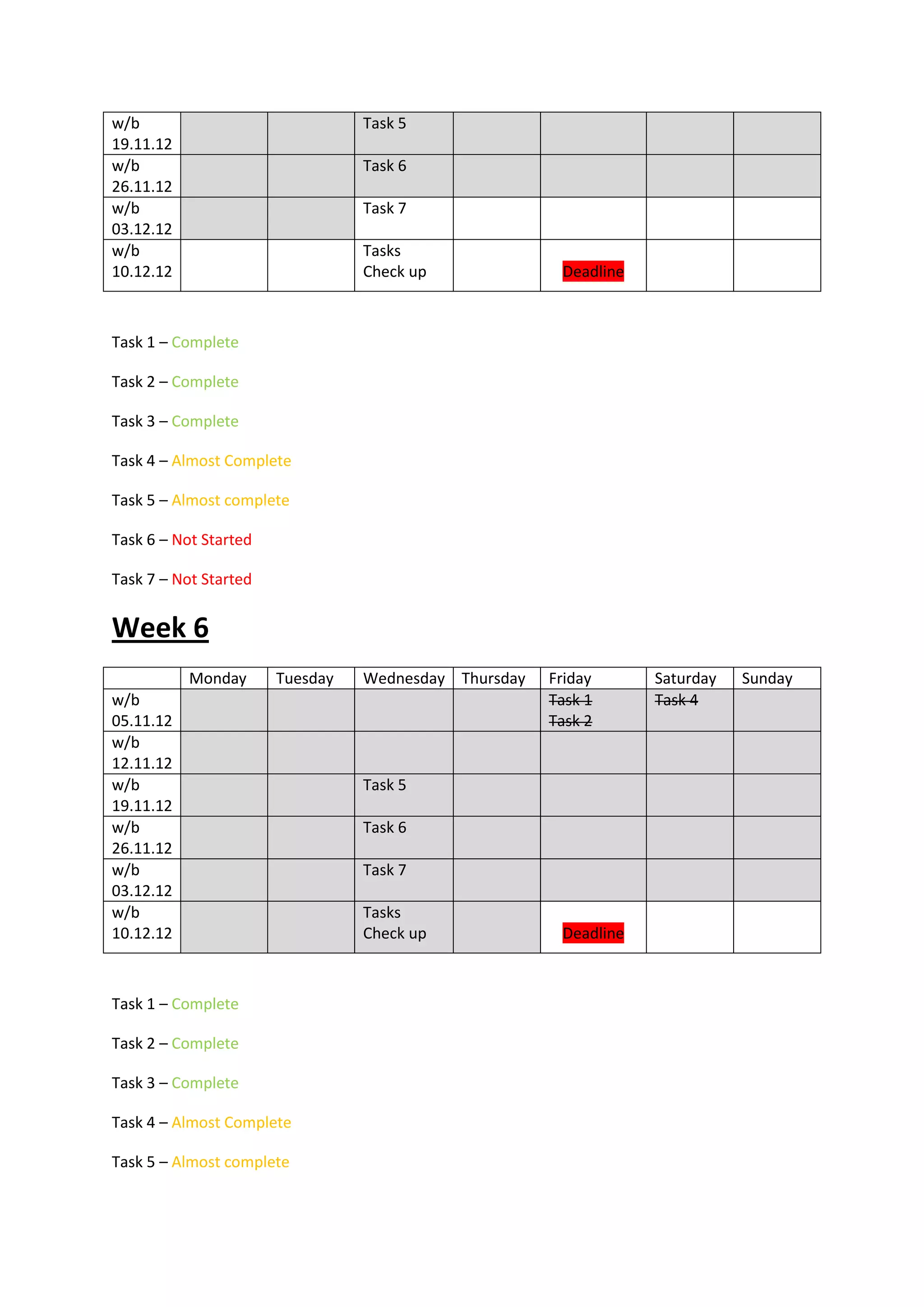 w/b                              Task 5
19.11.12
w/b                              Task 6
26.11.12
w/b                              Task 7
03.12.12
w/b                              Tasks
10.12.12                         Check up              Deadline



Task 1 – Complete

Task 2 – Complete

Task 3 – Complete

Task 4 – Almost Complete

Task 5 – Almost complete

Task 6 – Not Started

Task 7 – Not Started


Week 6
           Monday      Tuesday   Wednesday Thursday   Friday      Saturday   Sunday
w/b                                                   Task 1      Task 4
05.11.12                                              Task 2
w/b
12.11.12
w/b                              Task 5
19.11.12
w/b                              Task 6
26.11.12
w/b                              Task 7
03.12.12
w/b                              Tasks
10.12.12                         Check up              Deadline



Task 1 – Complete

Task 2 – Complete

Task 3 – Complete

Task 4 – Almost Complete

Task 5 – Almost complete
 