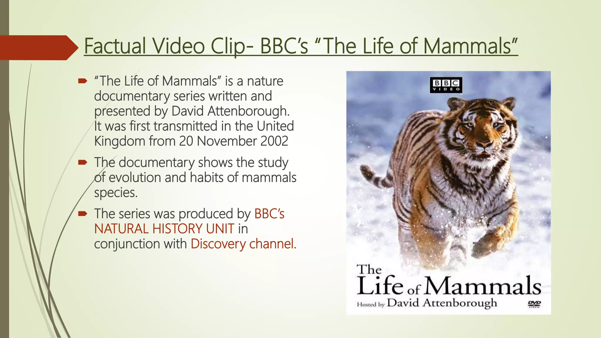 Factual Video Clip- BBC’s “The Life of Mammals”
 “The Life of Mammals” is a nature
documentary series written and
presented by David Attenborough.
It was first transmitted in the United
Kingdom from 20 November 2002
 The documentary shows the study
of evolution and habits of mammals
species.
 The series was produced by BBC’s
NATURAL HISTORY UNIT in
conjunction with Discovery channel.
 