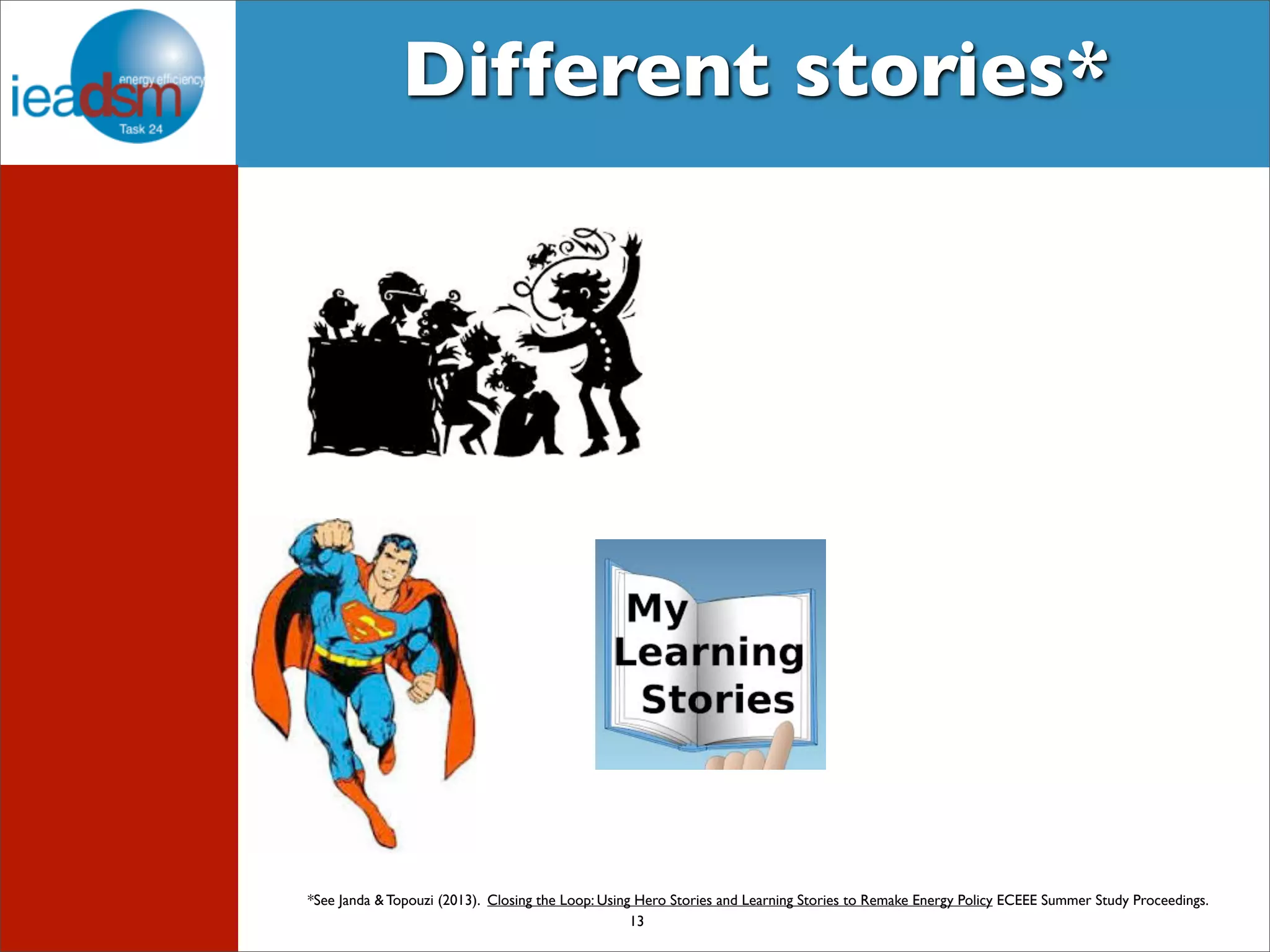 Different stories* 
*See Janda & Topouzi (2013). Closing the Loop: Using Hero Stories and Learning Stories to Remake Energy Policy ECEEE Summer Study Proceedings. 
13 
 
