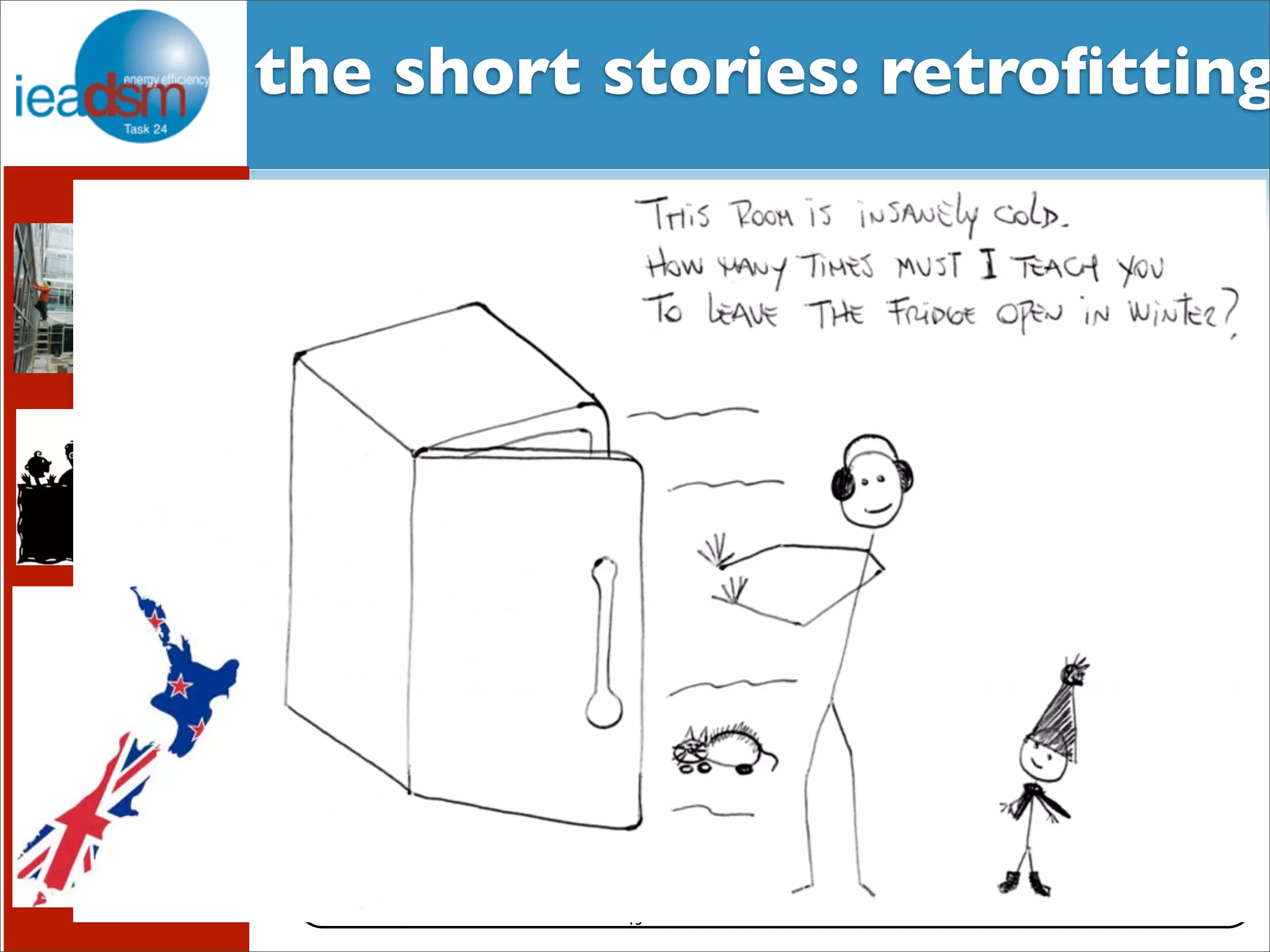 Subtask I - Pre mHiesleic fooprt Tera sOkv XerXvIiVew the short stories: retrofitting 
Once upon a time... there was a beautiful country called New Zealand,which 
had very cold, damp houses. 
Every day...Kiwis shivered and froze, but they just told each other to stop being 
a sissy and put on another jumper. 
But, one day...the new right-wing Government decided it needed to show it 
wasn’t uncaring and evil and created a programme called Warm Up New Zealand. It 
was meant to insulate a quarter of the housing stock, create many jobs and a new 
market, and reduce energy use, energy bills and CO2. 
Because of that...the Energy Efficiency and Conservation Authority set about 
tendering for the best contractors in the country to fulfil this lofty goal. 
But then...they realised that people weren’t that interested in insulation, they 
rather spent their money on a new kitchen and kept putting on those jumpers! 
Because of that... they concentrated on using Third Party Providers and other 
community groups to ensure that at least the most needy and vulnerable people 
got free insulation and clean heating installed. 
So, finally... they did an evaluation of the programme and found that the real 
benefits - $5 for every $1 spent, lay in the health improvements, not a new market 
or energy savings or lower bills. 
And, ever since then... The other Kiwis also slowly realised that being warm 
and cozy in your home was maybe just as important as having a new kitchen. 15 
 