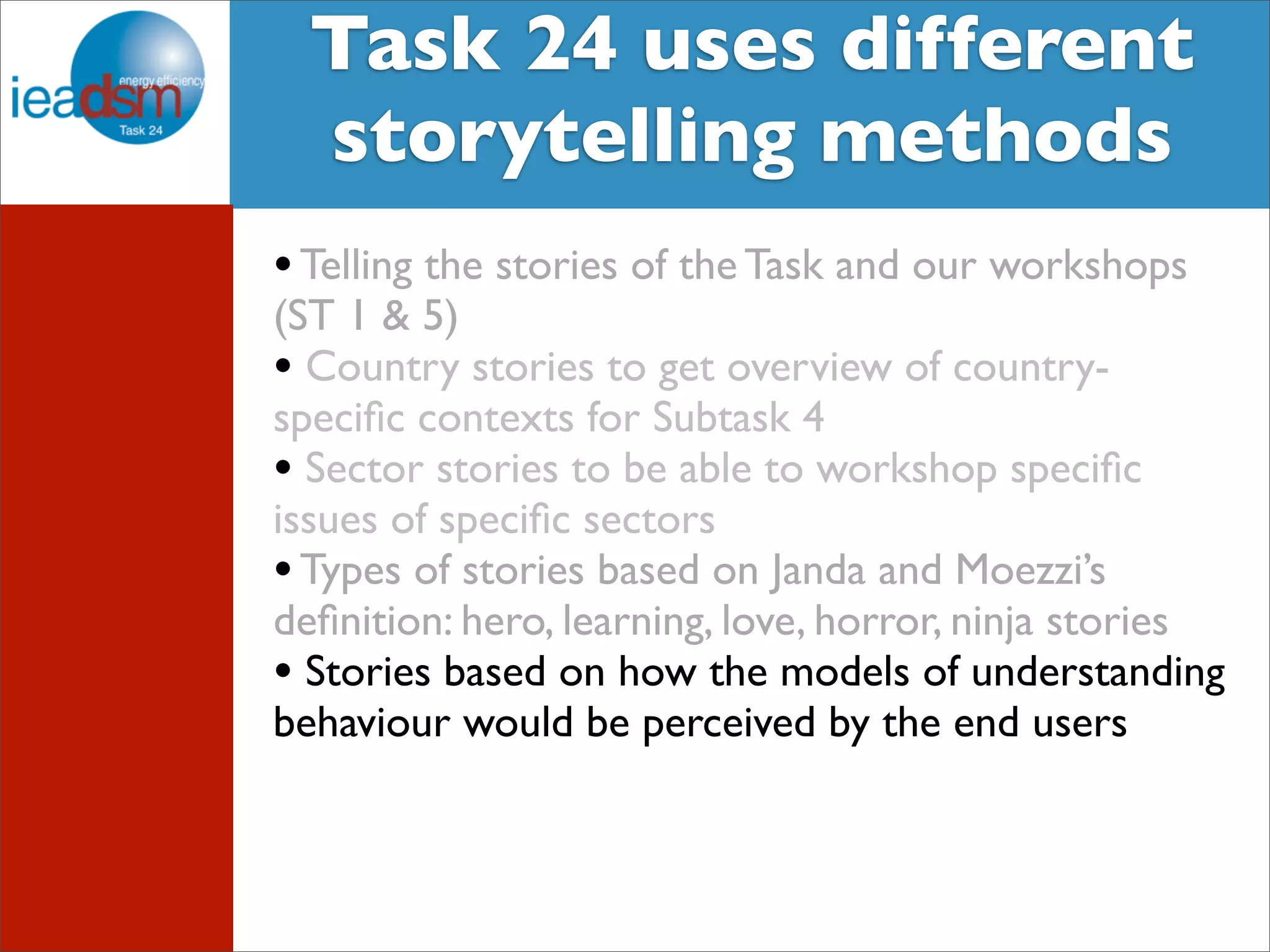 Target Audience of Task XXIV Task 24 uses different 
storytelling methods 
• Telling the stories of the Task and our workshops 
(ST 1 & 5) 
• Country stories to get overview of country-specific 
contexts for Subtask 4 
• Sector stories to be able to workshop specific 
issues of specific sectors 
• Types of stories based on Janda and Moezzi’s 
definition: hero, learning, love, horror, ninja stories 
• Stories based on how the models of understanding 
behaviour would be perceived by the end users 
 
