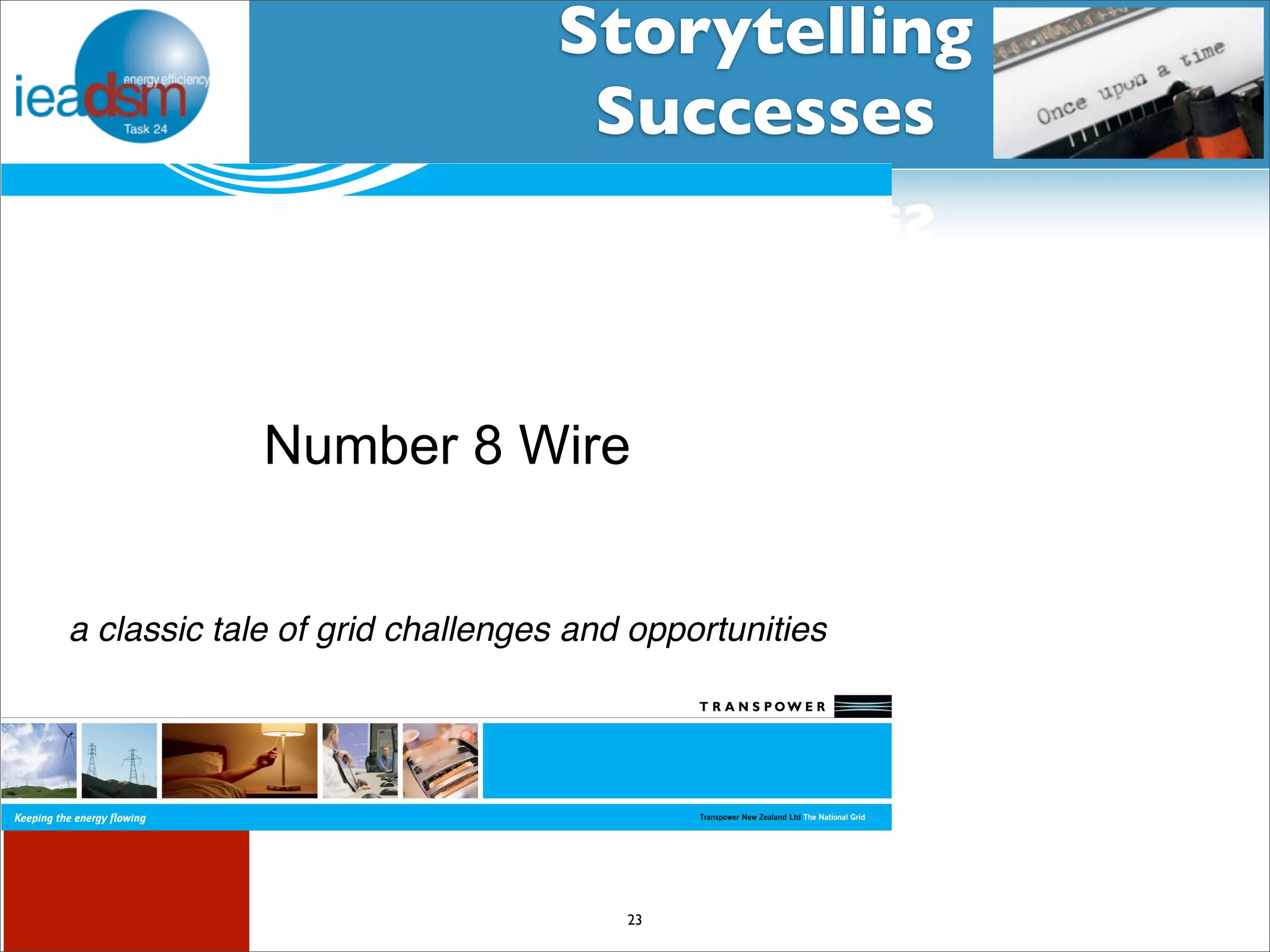 Storytelling 
Successes 
Subtask I - Pre mHiesleic fooprt Tera sOkv XerXvIiVew 
Number 8 Wire 
a classic tale of grid challenges and opportunities 
23 
 