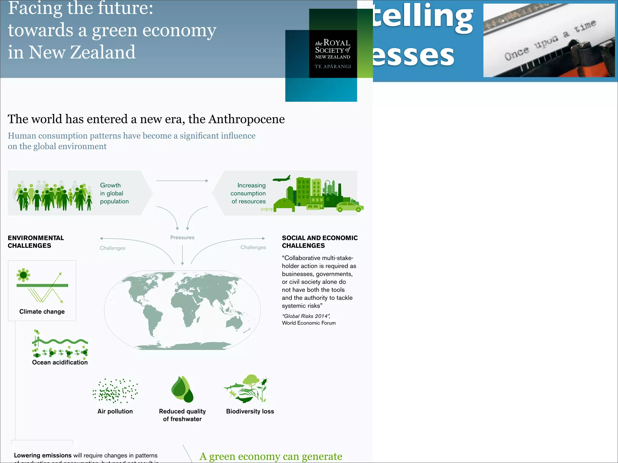 Storytelling 
Successes 
7*15,2$-"#$89-9'#:$$ 
-&%*')+$*$2'##,$#1&,&6;$ 
5,$<#%$=#*(*,) 
Subtask I - Pre mHiesleic fooprt Tera sOkv XerXvIiVew 
26 
!"#$%&'()$"*+$#,-#'#)$*$,#%$#'*.$-"#$/,-"'&0&1#,# 
+XPDQFRQVXPSWLRQSDWWHUQVKDYHEHFRPHDVLJQL¿FDQWLQÀXHQFH$ 
,$-#$2(3*($#,45',6#,- 
Growth 
in global 
population 
Climate change 
Pressures 
Challenges Challenges 
Ocean acidification 
Air pollution 
Increasing 
consumption 
of resources 
Reduced quality 
of freshwater 
Lowering emissions will require changes in patterns 
of production and consumption, but need not result in 
SOCIAL AND ECONOMIC 
CHALLENGES 
“Collaborative multi-stake-holder 
action is required as 
businesses, governments, 
or civil society alone do 
not have both the tools 
and the authority to tackle 
systemic risks” 
“Global Risks 2014”, 
World Economic Forum 
ENVIRONMENTAL 
CHALLENGES 
Biodiversity loss 
!#$%%%'(()*'+#%%$+,% 
 