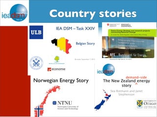 CSuobtuasnkts royf T satsko XrXieIVs 
IEA DSM – Task XXIV 
Belgian Story 
Brussels, September 7, 2012 
Swiss Energy Strategy and research projects 
concerning behavior change 
Dr. Aurelio Fetz, Market Regulation, Swiss Federal Office of Energy 
Workshop IEA DSM Task 24, 15.10.2013 
demand-side 
The New Zealand energy 
story 
Sea Rotmann and Janet 
Stephenson 
^ 
Norwegian Energy Story 
 
