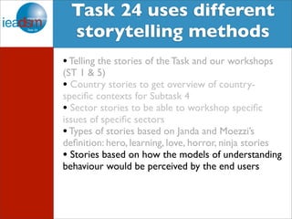 Target Audience of Task XXIV Task 24 uses different 
storytelling methods 
• Telling the stories of the Task and our workshops 
(ST 1 & 5) 
• Country stories to get overview of country-specific 
contexts for Subtask 4 
• Sector stories to be able to workshop specific 
issues of specific sectors 
• Types of stories based on Janda and Moezzi’s 
definition: hero, learning, love, horror, ninja stories 
• Stories based on how the models of understanding 
behaviour would be perceived by the end users 
 