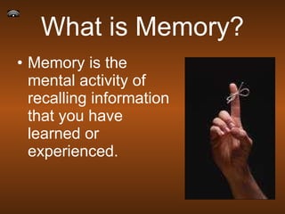 What is Memory? Memory is the mental activity of recalling information that you have learned or experienced.  