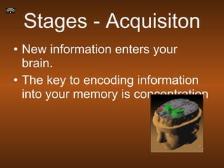 Stages - Acquisiton New information enters your brain. The key to encoding information into your memory is concentration 