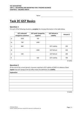 VCE ACCOUNTING
UNIT 3 – RECORDING AND REPORTING FOR A TRADING BUSINESS
CHAPTER 2 – BALANCE SHEETS
© Michael Allison
Author’s express permission required for external or professional use
Page | 1
Name Student50
Task 2C GST Basics
Question 1
For each of the following situations, complete the missing information in the table below.
GST collected/
charged to customers
GST paid/ charged by
suppliers
GST Refund or
Liability
Amount $
a) 1950 760
b) 790 1490
c) 800 GST Liability 320
d) 1000 GST Refund 430
e) 540 GST Refund 200
f) 520 GST Liability 700
6 marks
Question 2
At the end of the current period, a business reported a GST Liability of $450 in its Balance Sheet.
Explain how GST owing to the tax office meets the definition of a Liability.
Explanation
3 marks
 