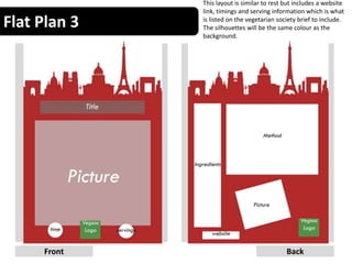 Flat Plan 3
7Front Back
This layout is similar to rest but includes a website
link, timings and serving information which is what
is listed on the vegetarian society brief to include.
The silhouettes will be the same colour as the
background.
 
