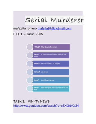 Serial Murderer
mafeziita romero mafeita97@hotmail.com
E.O.H. – Task1 - 905




TASK 3: MINI-TV NEWS
http://www.youtube.com/watch?v=c3Xi3rbXs24
 