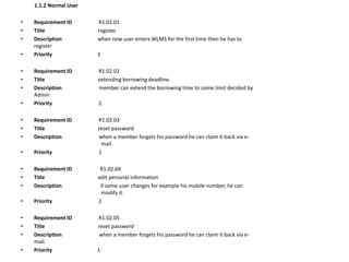 1.1.2 Normal User
• Requirement ID R1.02.01
• Title register
• Description when new user enters WLMS for the first time then he has to
register
• Priority 3
• Requirement ID R1.02.02
• Title extending borrowing deadline.
• Description member can extend the borrowing time to some limit decided by
Admin
• Priority 2
• Requirement ID R1.02.03
• Title reset password
• Description when a member forgets his password he can claim it back via e-
mail.
• Priority 1
• Requirement ID R1.02.04
• Title edit personal information
• Description if some user changes for example his mobile number, he can
modify it.
• Priority 2
• Requirement ID R1.02.05
• Title reset password
• Description when a member forgets his password he can claim it back via e-
mail.
• Priority 1
 