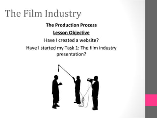 The Film Industry
              The Production Process
                 Lesson Objective
             Have I created a website?
    Have I started my Task 1: The film industry
                   presentation?
 