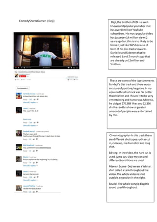 ComedyShortsGamer (Deji) Deji,the brotherof KSI isa well-
knownandpopularyoutuberthat
has over8 millionYouTube
subscribers.Hismostpopularvideo
has justover19 millionviews2
yearsago but thisisalsolikelytobe
brokenjustlike W2Sbecause of
bothof hisdisstracks towards
Danielle andSidementhathe
released1and 2 monthsago that
are already on12millionand
5million.
These are some of the top comments
for deji’sdisstrackandthere wasa
mixture of positive/negative.Inmy
opinionthisdiss trackwasfar better
than hisfirstand I founditto be very
entertainingandhumorous.More so,
he didget 276,388 likesand22,336
dislikessothisshowsagreater
amountof people were entertained
by this.
Cinematography- Inthistrackthere
are differentshottypessuchascut
in,close up,mediumshotandlong
shot.
Editing- Inthe video,the hardcut is
used,jumpcut,slow motionand
differenttransitionsare used.
Mise en Scene- Deji wearsaWhite t
shirtcalleda tankthroughoutthe
video.The whole videoisshot
outside amansioninthe night.
Sound- The whole songisdiagetic
soundusedthroughout.
 
