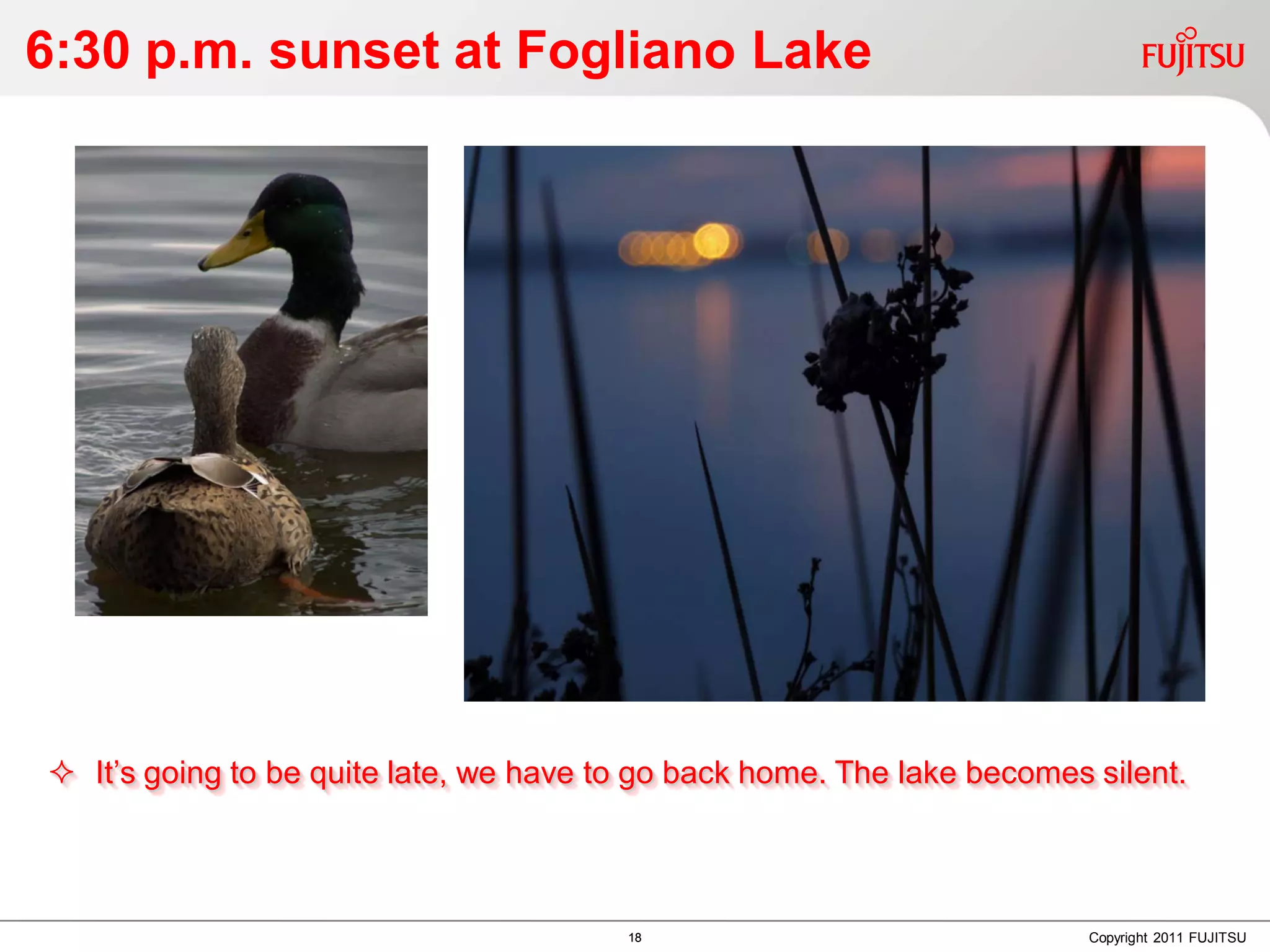 6:30 p.m. sunset at Fogliano Lake




 It’s going to be quite late, we have to go back home. The lake becomes silent.



                                        18                               Copyright 2011 FUJITSU
 