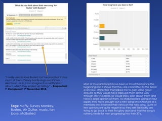 Most of my participants have been a fan of them since the
beginning and it shows that they are committed to the band
even now. I think that this helped me to gain some good
answers as they would have followed them all the way
through McFlys career, so would know a lot about them and
have a large opinion of them. As McBusted are going on tour
again, they have brought out a new song which feature all 6
members and I wanted their views on the new song. Quite of
few opinions are quite negative as they feel like McFly are
trying to go back to their first glory days and that the song is
rather juvenile for men progressing into their 30’s.
Tags: McFly, Survey Monkey,
Busted, Air Guitar, music, fan
base, McBusted
“I really used to love Busted, but I reckon that it's too
much of them. Danny hardly sings and it's too
electronic, as in, I can imagine it on McFly's last
album, which they ended up hating.” – Respondent
7. Completed 11th November 2014.
 