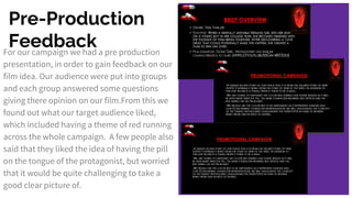 Pre-Production
FeedbackFor our campaign we had a pre production
presentation, in order to gain feedback on our
film idea. Our audience were put into groups
and each group answered some questions
giving there opinion on our film.From this we
found out what our target audience liked,
which included having a theme of red running
across the whole campaign. A few people also
said that they liked the idea of having the pill
on the tongue of the protagonist, but worried
that it would be quite challenging to take a
good clear picture of.
 